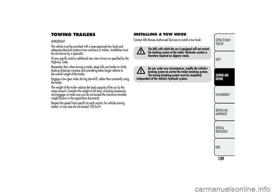 Alfa Romeo Giulietta 2013 Owner handbook (in English) TOWING TRAILERSIMPORTANT
The vehicle must be provided with a type-approved tow hook and
adequate electrical system to tow caravans or trailers. Installation must
be carried out by a specialist.
Fit an Alfa Romeo Giulietta 2013 Owner handbook (in English) TOWING TRAILERSIMPORTANT
The vehicle must be provided with a type-approved tow hook and
adequate electrical system to tow caravans or trailers. Installation must
be carried out by a specialist.
Fit an