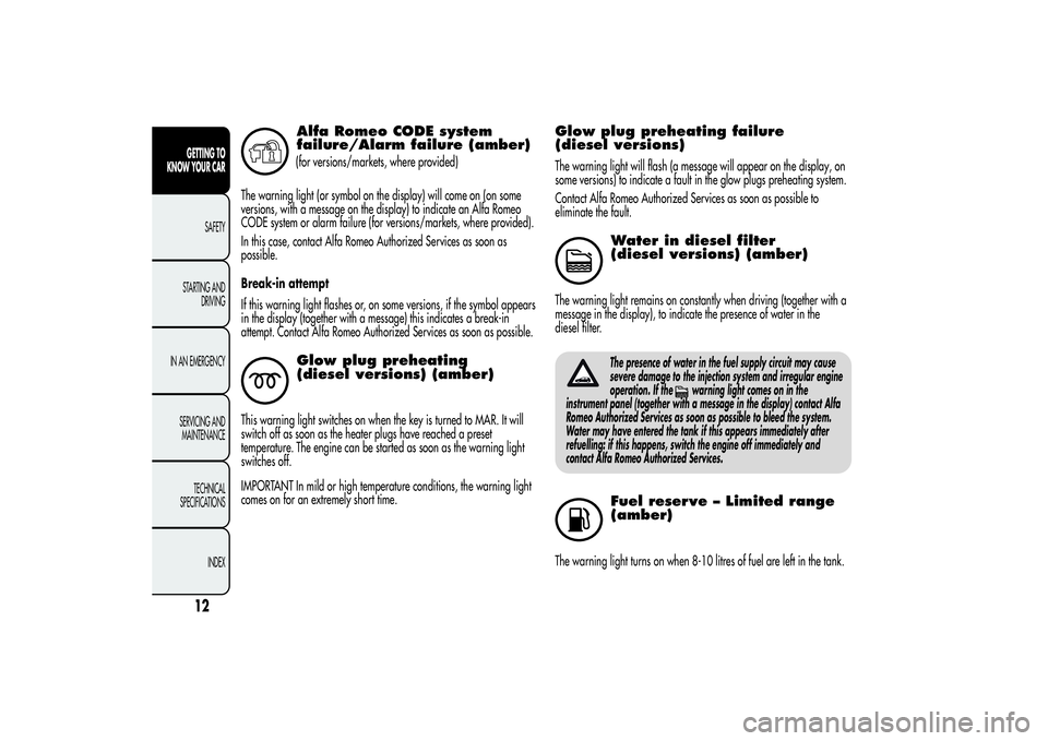 Alfa Romeo Giulietta 2013  Owner handbook (in English) Alfa Romeo CODE system
failure/Alarm failure (amber)(for versions/markets, where provided)
The warning light (or symbol on the display) will come on (on some
versions, with a message on the display) t
