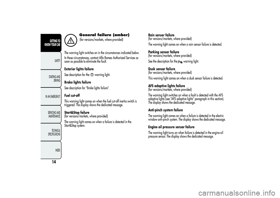 Alfa Romeo Giulietta 2013 Owner handbook (in English) General failure (amber)(for versions/markets, where provided)
The warning light switches on in the circumstances indicated below.
In these circumstances, contact Alfa Romeo Authorized Services as
soon Alfa Romeo Giulietta 2013 Owner handbook (in English) General failure (amber)(for versions/markets, where provided)
The warning light switches on in the circumstances indicated below.
In these circumstances, contact Alfa Romeo Authorized Services as
soon