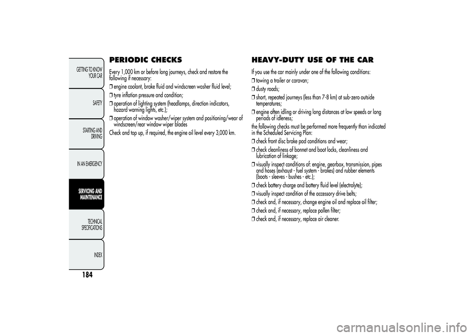 Alfa Romeo Giulietta 2013 Owner handbook (in English) PERIODIC CHECKSEvery 1,000 km or before long journeys, check and restore the
following if necessary:
❒engine coolant, brake fluid and windscreen washer fluid level;
❒tyre inflation pressure and co Alfa Romeo Giulietta 2013 Owner handbook (in English) PERIODIC CHECKSEvery 1,000 km or before long journeys, check and restore the
following if necessary:
❒engine coolant, brake fluid and windscreen washer fluid level;
❒tyre inflation pressure and co