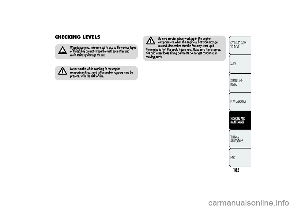 Alfa Romeo Giulietta 2013 Owner handbook (in English) CHECKING LEVELS
When topping up, take care not to mix up the various types
of fluids: they are not compatible with each other and
could seriously damage the car.Never smoke while working in the engine Alfa Romeo Giulietta 2013 Owner handbook (in English) CHECKING LEVELS
When topping up, take care not to mix up the various types
of fluids: they are not compatible with each other and
could seriously damage the car.Never smoke while working in the engine