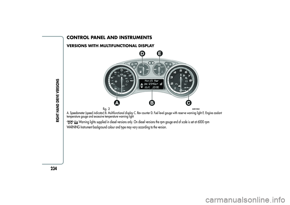 Alfa Romeo Giulietta 2013 Owner handbook (in English) CONTROL PANEL AND INSTRUMENTSVERSIONS WITH MULTIFUNCTIONAL DISPLAYA. Speedometer (speed indicator) B. Multifunctional display C. Rev counter D. Fuel level gauge with reserve warning light E. Engine co Alfa Romeo Giulietta 2013 Owner handbook (in English) CONTROL PANEL AND INSTRUMENTSVERSIONS WITH MULTIFUNCTIONAL DISPLAYA. Speedometer (speed indicator) B. Multifunctional display C. Rev counter D. Fuel level gauge with reserve warning light E. Engine co