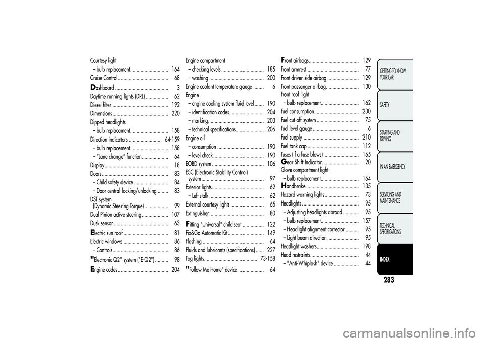 Alfa Romeo Giulietta 2013  Owner handbook (in English) Courtesy light
– bulb replacement............................. 164
Cruise Control ...................................... 68Dashboard ........................................ 3
Daytime running lights