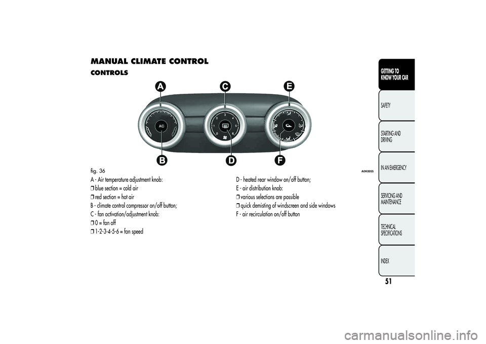 Alfa Romeo Giulietta 2013 Owner handbook (in English) MANUAL CLIMATE CONTROLCONTROLSA - Air temperature adjustment knob:
❒blue section = cold air
❒red section = hot air
B - climate control compressor on/off button;
C - fan activation/adjustment knob: Alfa Romeo Giulietta 2013 Owner handbook (in English) MANUAL CLIMATE CONTROLCONTROLSA - Air temperature adjustment knob:
❒blue section = cold air
❒red section = hot air
B - climate control compressor on/off button;
C - fan activation/adjustment knob: