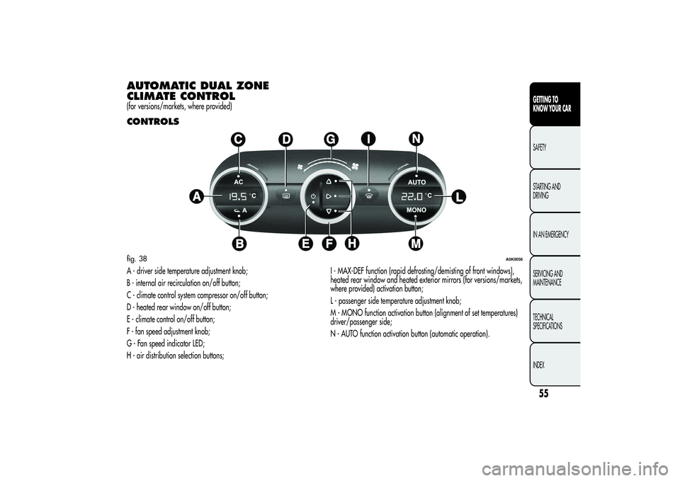 Alfa Romeo Giulietta 2013 Owner handbook (in English) AUTOMATIC DUAL ZONE
CLIMATE CONTROL(for versions/markets, where provided)CONTROLSA - driver side temperature adjustment knob;
B - internal air recirculation on/off button;
C - climate control system c Alfa Romeo Giulietta 2013 Owner handbook (in English) AUTOMATIC DUAL ZONE
CLIMATE CONTROL(for versions/markets, where provided)CONTROLSA - driver side temperature adjustment knob;
B - internal air recirculation on/off button;
C - climate control system c