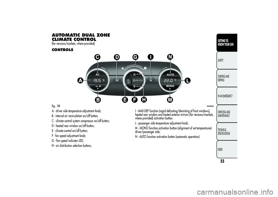 Alfa Romeo Giulietta 2013  Owner handbook (in English) AUTOMATIC DUAL ZONE
CLIMATE CONTROL(for versions/markets, where provided)CONTROLSA - driver side temperature adjustment knob;
B - internal air recirculation on/off button;
C - climate control system c