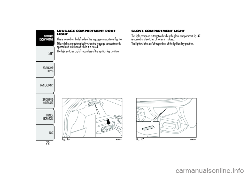 Alfa Romeo Giulietta 2013  Owner handbook (in English) LUGGAGE COMPARTMENT ROOF
LIGHTThis is located on the left side of the luggage compartment fig. 46.
This switches on automatically when the luggage compartment is
opened and switches off when it is clo