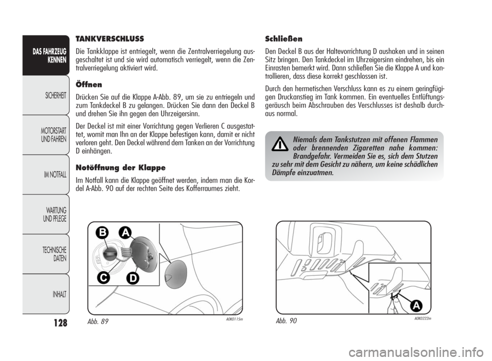 Alfa Romeo Giulietta 2010 Betriebsanleitung (in German) 128
DAS FAHRZEUG
KENNEN
SICHERHEIT
MOTORSTART
UND FAHREN
IM NOTFALL
WARTUNG
UND PFLEGE
TECHNISCHE
DATEN
INHALT
Abb. 89A0K0115mAbb. 90A0K0222m
TANKVERSCHLUSS
Die Tankklappe ist entriegelt, wenn die Zen Alfa Romeo Giulietta 2010 Betriebsanleitung (in German) 128
DAS FAHRZEUG
KENNEN
SICHERHEIT
MOTORSTART
UND FAHREN
IM NOTFALL
WARTUNG
UND PFLEGE
TECHNISCHE
DATEN
INHALT
Abb. 89A0K0115mAbb. 90A0K0222m
TANKVERSCHLUSS
Die Tankklappe ist entriegelt, wenn die Zen