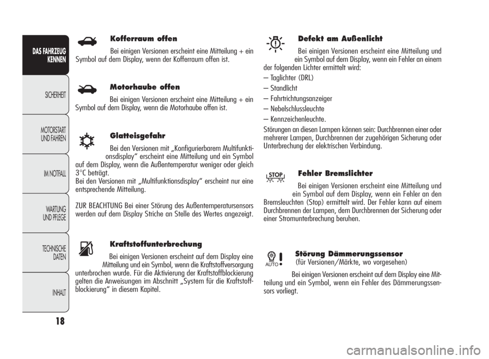Alfa Romeo Giulietta 2010  Betriebsanleitung (in German) Kofferraum offen
Bei einigen Versionen erscheint eine Mitteilung + ein
Symbol auf dem Display, wenn der Kofferraum offen ist.
18
DAS FAHRZEUG
KENNEN
SICHERHEIT
MOTORSTART
UND FAHREN
IM NOTFALL
WARTUNG