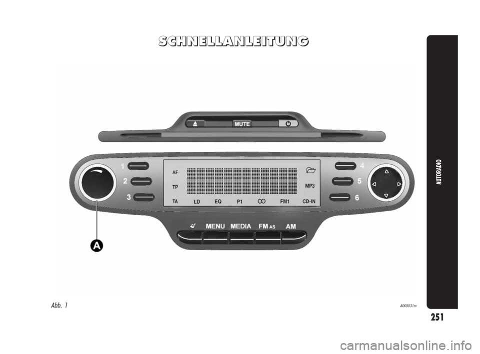 Alfa Romeo Giulietta 2010  Betriebsanleitung (in German) 251
AUTORADIO
S S
C C
H H
N N
E E
L L
L L
A A
N N
L L
E E
I I
T T
U U
N N
G G
Abb. 1A0K0031m
247-280 Alfa Giulietta DE 3ed  13-04-2010  12:01  Pagina 251 