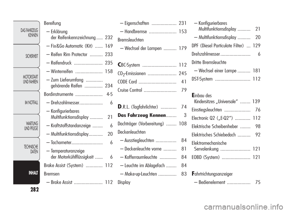 Alfa Romeo Giulietta 2010  Betriebsanleitung (in German) 282
DAS FAHRZEUG
KENNEN
SICHERHEIT
MOTORSTART 
UND FAHREN
IM NOTFALL
WARTUNG 
UND PFLEGE
TECHNISCHE 
DATEN
INHALT
Bereifung 
– Erklärung
..........................
der Reifenkennzeichnung ..... 232