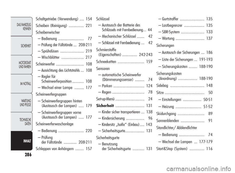 Alfa Romeo Giulietta 2010  Betriebsanleitung (in German) 286
DAS FAHRZEUG
KENNEN
SICHERHEIT
MOTORSTART 
UND FAHREN
IM NOTFALL
WARTUNG 
UND PFLEGE
TECHNISCHE 
DATEN
INHALT
Schaltgetriebe (Verwendung) .... 154
Scheiben (Reinigung) .............. 221
Scheibenw