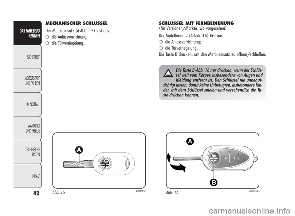Alfa Romeo Giulietta 2010  Betriebsanleitung (in German) 42
DAS FAHRZEUG
KENNEN
SICHERHEIT
MOTORSTART
UND FAHREN
IM NOTFALL
WARTUNG
UND PFLEGE
TECHNISCHE
DATEN
INHALT
MECHANISCHER SCHLÜSSEL
Der Metalleinsatz (A-Abb. 15) löst aus:
❍die Anlassvorrichtung;