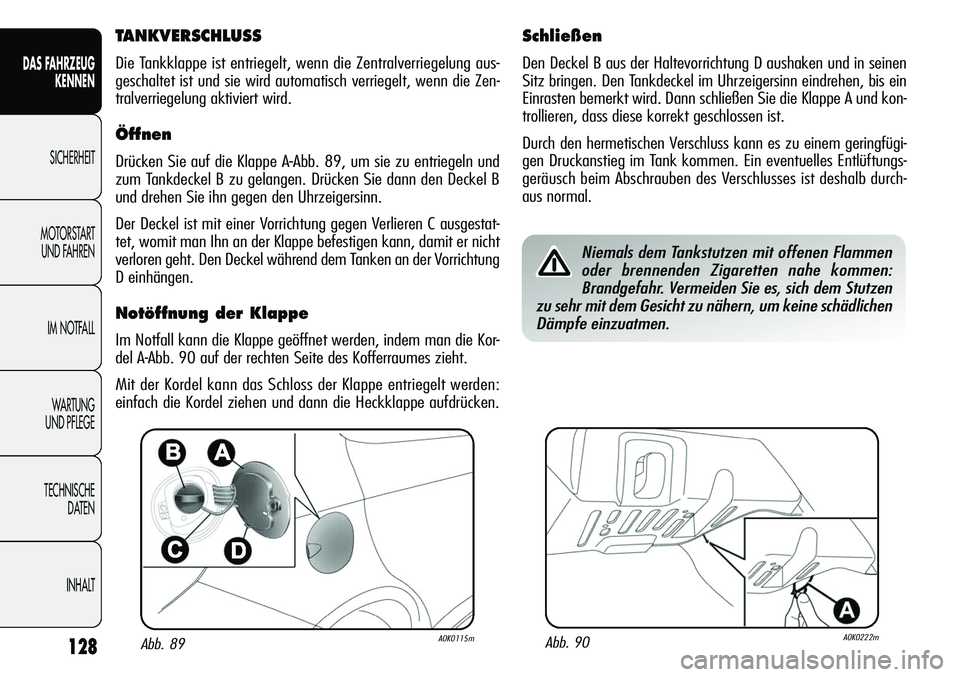 Alfa Romeo Giulietta 2011 Betriebsanleitung (in German) 128
DAS FAHRZEUG
KENNEN
SICHERHEIT
MOTORSTART
UND FAHREN
IM NOTFALL
WARTUNG
UND PFLEGE
TECHNISCHE
DATEN
INHALT
Abb. 89A0K0115mAbb. 90A0K0222m
TANKVERSCHLUSS
Die Tankklappe ist entriegelt, wenn die Z Alfa Romeo Giulietta 2011 Betriebsanleitung (in German) 128
DAS FAHRZEUG
KENNEN
SICHERHEIT
MOTORSTART
UND FAHREN
IM NOTFALL
WARTUNG
UND PFLEGE
TECHNISCHE
DATEN
INHALT
Abb. 89A0K0115mAbb. 90A0K0222m
TANKVERSCHLUSS
Die Tankklappe ist entriegelt, wenn die Z
