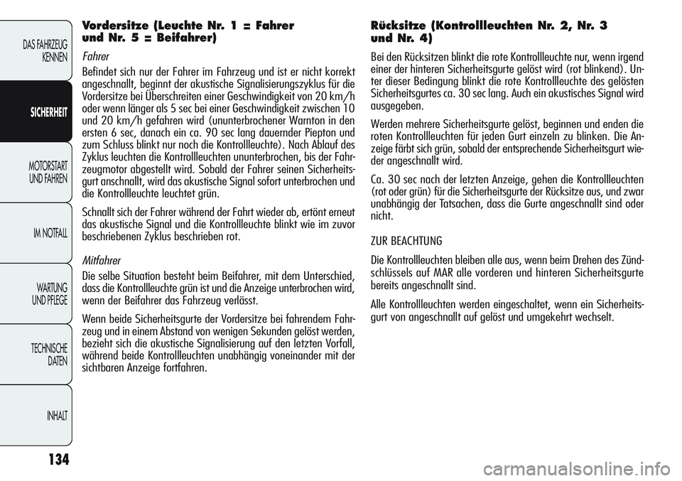 Alfa Romeo Giulietta 2011 Betriebsanleitung (in German) 134
DAS FAHRZEUG
KENNEN
SICHERHEIT
MOTORSTART
UND FAHREN
IM NOTFALL
WA R T U N G
UND PFLEGE
TECHNISCHE
DATEN
INHALT
Vordersitze (Leuchte Nr. 1 = Fahrer
und Nr. 5 = Beifahrer)
Fahrer
Befindet sich Alfa Romeo Giulietta 2011 Betriebsanleitung (in German) 134
DAS FAHRZEUG
KENNEN
SICHERHEIT
MOTORSTART
UND FAHREN
IM NOTFALL
WA R T U N G
UND PFLEGE
TECHNISCHE
DATEN
INHALT
Vordersitze (Leuchte Nr. 1 = Fahrer
und Nr. 5 = Beifahrer)
Fahrer
Befindet sich