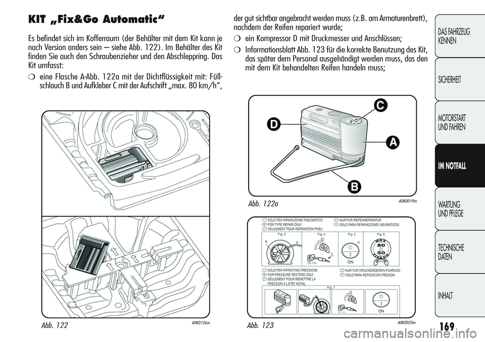 Alfa Romeo Giulietta 2012 Betriebsanleitung (in German) 169
DAS FAHRZEUG
KENNEN
SICHERHEIT
MOTORSTART
UND FAHREN
IM NOTFALL
WARTUNG
UND PFLEGE
TECHNISCHE
DATEN
INHALT
KIT „Fix&Go Automatic“
Es befindet sich im Kofferraum (der Behälter mit dem Kit ka Alfa Romeo Giulietta 2012 Betriebsanleitung (in German) 169
DAS FAHRZEUG
KENNEN
SICHERHEIT
MOTORSTART
UND FAHREN
IM NOTFALL
WARTUNG
UND PFLEGE
TECHNISCHE
DATEN
INHALT
KIT „Fix&Go Automatic“
Es befindet sich im Kofferraum (der Behälter mit dem Kit ka