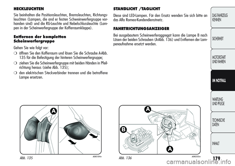 Alfa Romeo Giulietta 2012 Betriebsanleitung (in German) 179
DAS FAHRZEUG
KENNEN
SICHERHEIT
MOTORSTART
UND FAHREN
IM NOTFALL
WARTUNG
UND PFLEGE
TECHNISCHE
DATEN
INHALT
HECKLEUCHTEN
Sie beinhalten die Positionsleuchten, Bremsleuchten, Richtungs-
leuchten ( Alfa Romeo Giulietta 2012 Betriebsanleitung (in German) 179
DAS FAHRZEUG
KENNEN
SICHERHEIT
MOTORSTART
UND FAHREN
IM NOTFALL
WARTUNG
UND PFLEGE
TECHNISCHE
DATEN
INHALT
HECKLEUCHTEN
Sie beinhalten die Positionsleuchten, Bremsleuchten, Richtungs-
leuchten (