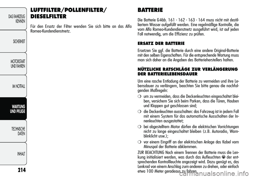 Alfa Romeo Giulietta 2012 Betriebsanleitung (in German) 214
DAS FAHRZEUG
KENNEN
SICHERHEIT
MOTORSTART
UND FAHREN
IM NOTFALL
WARTUNG
UND PFLEGE
TECHNISCHE
DATEN
INHALT
BATTERIE
Die Batterie G-Abb. 161 - 162 - 163 - 164 muss nicht mit destil-
liertem Wasse Alfa Romeo Giulietta 2012 Betriebsanleitung (in German) 214
DAS FAHRZEUG
KENNEN
SICHERHEIT
MOTORSTART
UND FAHREN
IM NOTFALL
WARTUNG
UND PFLEGE
TECHNISCHE
DATEN
INHALT
BATTERIE
Die Batterie G-Abb. 161 - 162 - 163 - 164 muss nicht mit destil-
liertem Wasse