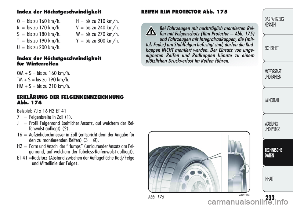 Alfa Romeo Giulietta 2012 Betriebsanleitung (in German) 233
DAS FAHRZEUG
KENNEN
SICHERHEIT
MOTORSTART
UND FAHREN
IM NOTFALL
WARTUNG
UND PFLEGE
TECHNISCHE
DATEN
INHALT
Index der Höchstgeschwindigkeit
Q = bis zu 160 km/h. H = bis zu 210 km/h.
R = bis zu 1 Alfa Romeo Giulietta 2012 Betriebsanleitung (in German) 233
DAS FAHRZEUG
KENNEN
SICHERHEIT
MOTORSTART
UND FAHREN
IM NOTFALL
WARTUNG
UND PFLEGE
TECHNISCHE
DATEN
INHALT
Index der Höchstgeschwindigkeit
Q = bis zu 160 km/h. H = bis zu 210 km/h.
R = bis zu 1