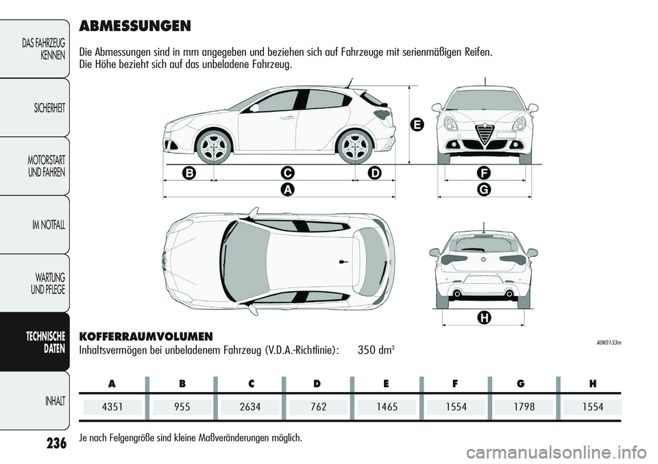 Alfa Romeo Giulietta 2012 Betriebsanleitung (in German) ABCDEFG H
236
DAS FAHRZEUG
KENNEN
SICHERHEIT
MOTORSTART
UND FAHREN
IM NOTFALL
WA R T U N G
UND PFLEGE
TECHNISCHE
DATEN
INHALT
ABMESSUNGEN
Die Abmessungen sind in mm angegeben und beziehen sich auf Alfa Romeo Giulietta 2012 Betriebsanleitung (in German) ABCDEFG H
236
DAS FAHRZEUG
KENNEN
SICHERHEIT
MOTORSTART
UND FAHREN
IM NOTFALL
WA R T U N G
UND PFLEGE
TECHNISCHE
DATEN
INHALT
ABMESSUNGEN
Die Abmessungen sind in mm angegeben und beziehen sich auf