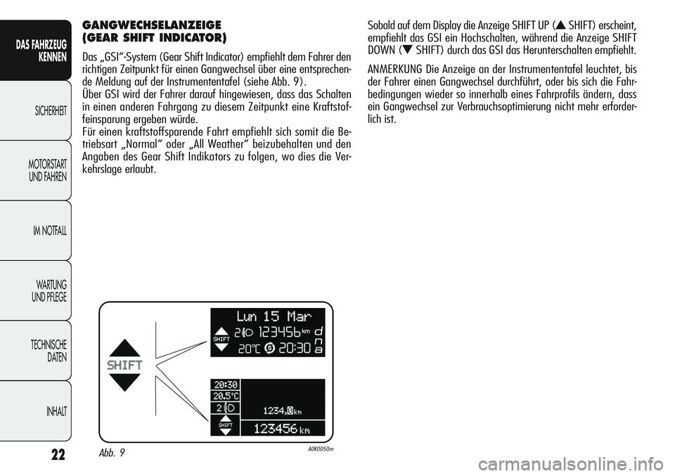 Alfa Romeo Giulietta 2012  Betriebsanleitung (in German) 22
DAS FAHRZEUG
KENNEN
SICHERHEIT
MOTORSTART 
UND FAHREN
IM NOTFALL
WA R T U N G  
UND PFLEGE
TECHNISCHE
DATEN
INHALT
GANGWECHSELANZEIGE
(GEAR SHIFT INDICATOR) 
Das „GSI“-System (Gear Shift Indica
