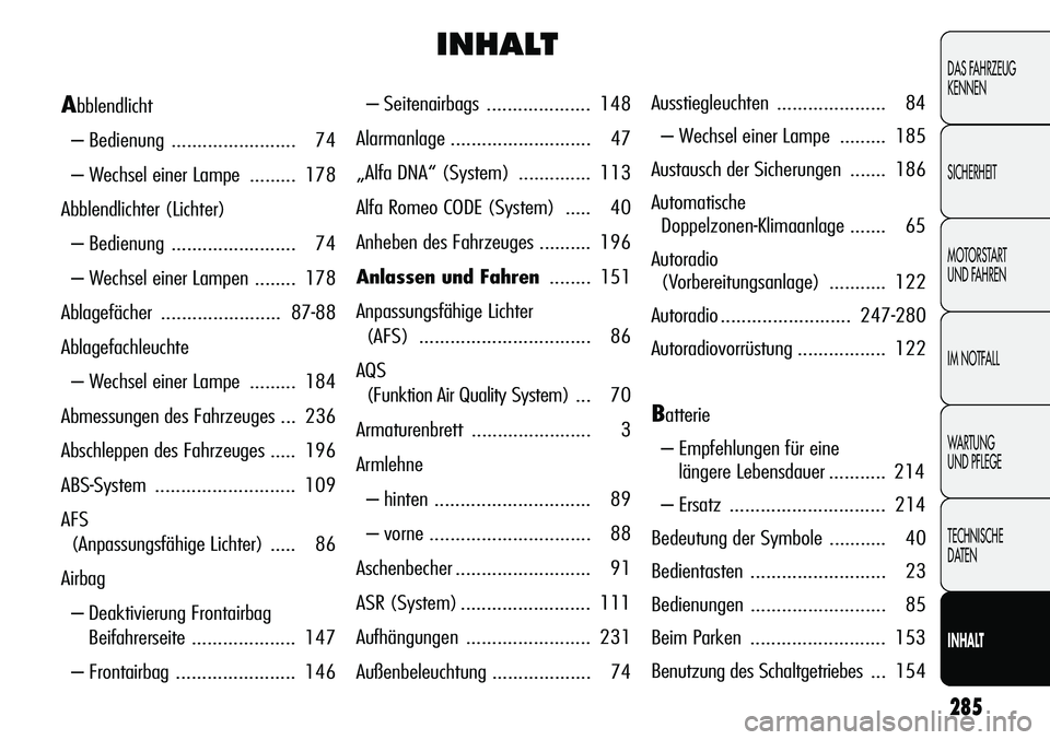 Alfa Romeo Giulietta 2012 Betriebsanleitung (in German) 285
DAS FAHRZEUG
KENNEN
SICHERHEIT
MOTORSTART
UND FAHREN
IM NOTFALL
WARTUNG
UND PFLEGE
TECHNISCHE
DATEN
INHALT
INHALT
– Seitenairbags.................... 148
Alarmanlage .......................... Alfa Romeo Giulietta 2012 Betriebsanleitung (in German) 285
DAS FAHRZEUG
KENNEN
SICHERHEIT
MOTORSTART
UND FAHREN
IM NOTFALL
WARTUNG
UND PFLEGE
TECHNISCHE
DATEN
INHALT
INHALT
– Seitenairbags.................... 148
Alarmanlage ..........................