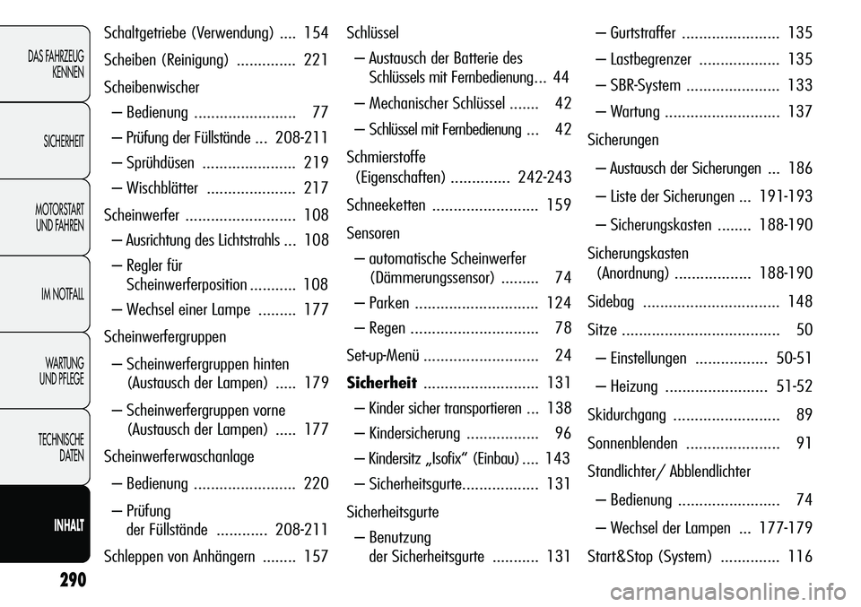 Alfa Romeo Giulietta 2012  Betriebsanleitung (in German) 290
DAS FAHRZEUG
KENNEN
SICHERHEIT
MOTORSTART 
UND FAHREN
IM NOTFALL
WARTUNG 
UND PFLEGE
TECHNISCHE
DATEN
INHALT
Schaltgetriebe (Verwendung) .... 154
Scheiben (Reinigung) .............. 221
Scheibenwi