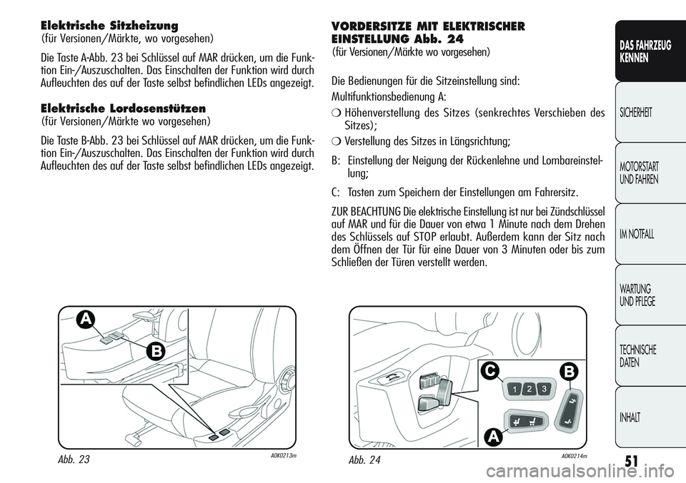 Alfa Romeo Giulietta 2012 Betriebsanleitung (in German) 51
DAS FAHRZEUG
KENNEN
SICHERHEIT
MOTORSTART
UND FAHREN
IM NOTFALL
WARTUNG
UND PFLEGE
TECHNISCHE
DATEN
INHALT
Elektrische Sitzheizung
(für Versionen/Märkte, wo vorgesehen)
Die Taste A
-Abb. 23 be Alfa Romeo Giulietta 2012 Betriebsanleitung (in German) 51
DAS FAHRZEUG
KENNEN
SICHERHEIT
MOTORSTART
UND FAHREN
IM NOTFALL
WARTUNG
UND PFLEGE
TECHNISCHE
DATEN
INHALT
Elektrische Sitzheizung
(für Versionen/Märkte, wo vorgesehen)
Die Taste A
-Abb. 23 be