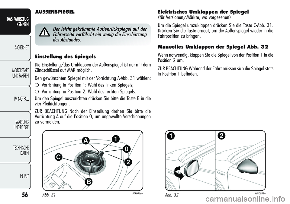 Alfa Romeo Giulietta 2012 Betriebsanleitung (in German) 56
DAS FAHRZEUG
KENNEN
SICHERHEIT
MOTORSTART
UND FAHREN
IM NOTFALL
WA R T U N G
UND PFLEGE
TECHNISCHE
DATEN
INHALT
Elektrisches Umklappen der Spiegel
(für Versionen/Märkte, wo vorgesehen)
Um die Alfa Romeo Giulietta 2012 Betriebsanleitung (in German) 56
DAS FAHRZEUG
KENNEN
SICHERHEIT
MOTORSTART
UND FAHREN
IM NOTFALL
WA R T U N G
UND PFLEGE
TECHNISCHE
DATEN
INHALT
Elektrisches Umklappen der Spiegel
(für Versionen/Märkte, wo vorgesehen)
Um die