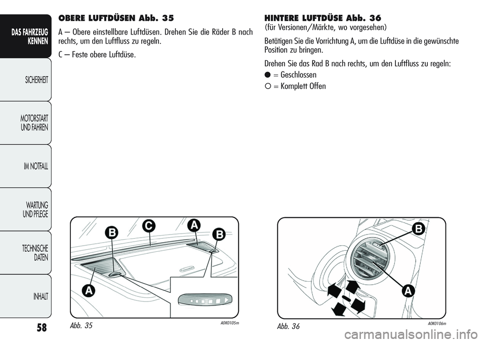 Alfa Romeo Giulietta 2012 Betriebsanleitung (in German) 58
DAS FAHRZEUG
KENNEN
SICHERHEIT
MOTORSTART
UND FAHREN
IM NOTFALL
WA R T U N G
UND PFLEGE
TECHNISCHE
DATEN
INHALT
OBERE LUFTDÜSEN Abb. 35
A – Obere einstellbare Luftdüsen. Drehen Sie die Räde Alfa Romeo Giulietta 2012 Betriebsanleitung (in German) 58
DAS FAHRZEUG
KENNEN
SICHERHEIT
MOTORSTART
UND FAHREN
IM NOTFALL
WA R T U N G
UND PFLEGE
TECHNISCHE
DATEN
INHALT
OBERE LUFTDÜSEN Abb. 35
A – Obere einstellbare Luftdüsen. Drehen Sie die Räde