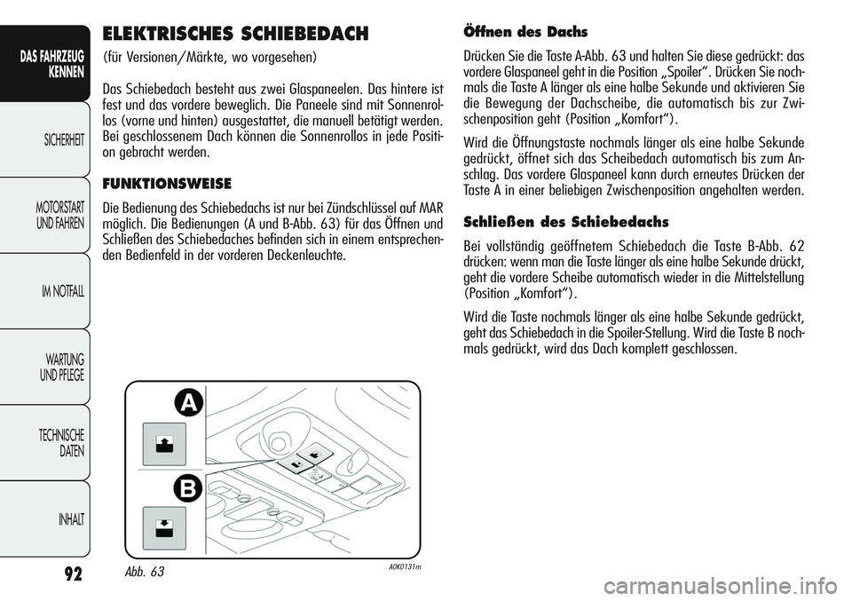 Alfa Romeo Giulietta 2012 Betriebsanleitung (in German) 92
DAS FAHRZEUG
KENNEN
SICHERHEIT
MOTORSTART
UND FAHREN
IM NOTFALL
WA R T U N G
UND PFLEGE
TECHNISCHE
DATEN
INHALT
ELEKTRISCHES SCHIEBEDACH
(für Versionen/Märkte, wo vorgesehen)
Das Schiebedach Alfa Romeo Giulietta 2012 Betriebsanleitung (in German) 92
DAS FAHRZEUG
KENNEN
SICHERHEIT
MOTORSTART
UND FAHREN
IM NOTFALL
WA R T U N G
UND PFLEGE
TECHNISCHE
DATEN
INHALT
ELEKTRISCHES SCHIEBEDACH
(für Versionen/Märkte, wo vorgesehen)
Das Schiebedach