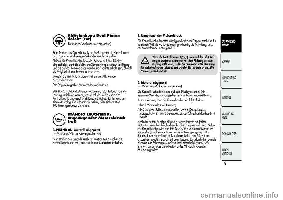Alfa Romeo Giulietta 2013  Betriebsanleitung (in German) Aktivlenkung Dual Pinion
defekt (rot)(für Märkte/Versionen wo vorgesehen)
Beim Drehen des Zündschlüssels auf MAR leuchtet die Kontrollleuchte
auf, muss aber nach einigen Sekunden wieder ausgehen.
