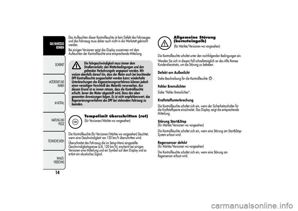 Alfa Romeo Giulietta 2013  Betriebsanleitung (in German) Das Aufleuchten dieser Kontrollleuchte ist kein Defekt des Fahrzeuges
und das Fahrzeug muss daher auch nicht in die Werkstatt gebracht
werden.
Bei einigen Versionen zeigt das Display zusammen mit dem

