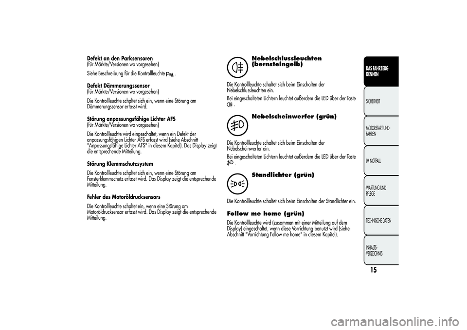 Alfa Romeo Giulietta 2013  Betriebsanleitung (in German) Defekt an den Parksensoren
(für Märkte/Versionen wo vorgesehen)
Siehe Beschreibung für die Kontrollleuchte
.
Defekt Dämmerungssensor
(für Märkte/Versionen wo vorgesehen)
Die Kontrollleuchte scha