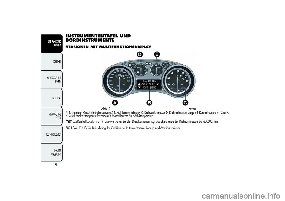 Alfa Romeo Giulietta 2013  Betriebsanleitung (in German) INSTRUMENTENTAFEL UND
BORDINSTRUMENTEVERSIONEN MIT MULTIFUNKTIONSDISPLAYA. Tachometer (Geschwindigkeitsanzeige) B. Multifunktionsdisplay C. Drehzahlenmesser D. Kraftstoffstandanzeige mit Kontrollleuch
