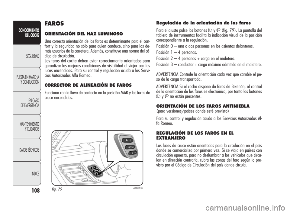 Alfa Romeo Giulietta 2010  Manual de Empleo y Cuidado (in Spanish) 108
CONOCIMIENTO
DEL COCHE
SEGURIDAD
PUESTA EN MARCHA
Y CONDUCCIÓN
EN CASO
DE EMERGENCIA
MANTENIMIENTO
Y CUIDADOS
DATOS TÉCNICOS
INDICE
Regulación de la orientación de los faros
Para el ajuste pul