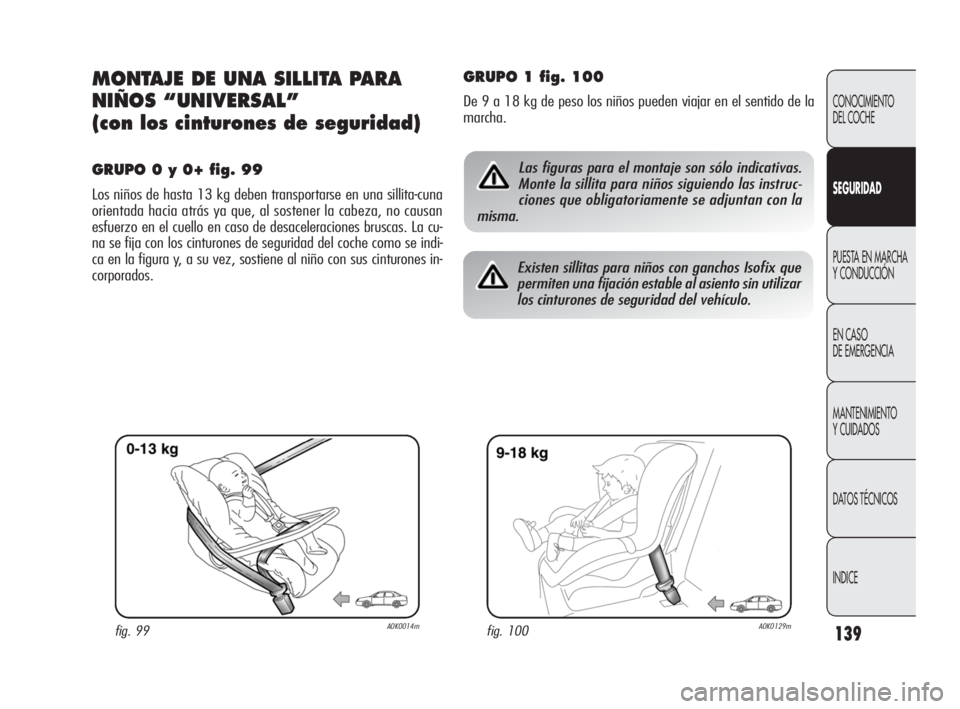 Alfa Romeo Giulietta 2010 Manual de Empleo y Cuidado (in Spanish) 139
CONOCIMIENTO
DEL COCHE
SEGURIDAD
PUESTA EN MARCHA
Y CONDUCCIÓN
EN CASO
DE EMERGENCIA
MANTENIMIENTO
Y CUIDADOS
DATOS TÉCNICOS
INDICE
MONTAJE DE UNA SILLITA PARA
NIÑOS “UNIVERSAL”
(con l Alfa Romeo Giulietta 2010 Manual de Empleo y Cuidado (in Spanish) 139
CONOCIMIENTO
DEL COCHE
SEGURIDAD
PUESTA EN MARCHA
Y CONDUCCIÓN
EN CASO
DE EMERGENCIA
MANTENIMIENTO
Y CUIDADOS
DATOS TÉCNICOS
INDICE
MONTAJE DE UNA SILLITA PARA
NIÑOS “UNIVERSAL”
(con l