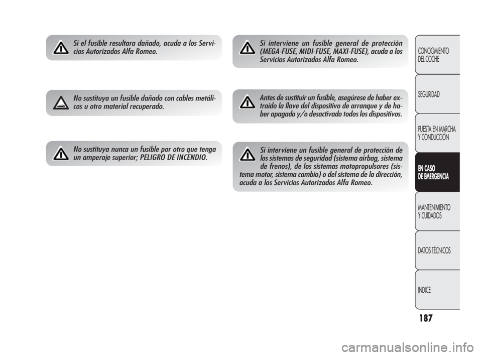 Alfa Romeo Giulietta 2010 Manual de Empleo y Cuidado (in Spanish) 187
CONOCIMIENTO
DEL COCHE
SEGURIDAD
PUESTA EN MARCHA
Y CONDUCCIÓN
EN CASO
DE EMERGENCIA
MANTENIMIENTO
Y CUIDADOS
DATOS TÉCNICOS
INDICE
Si el fusible resultara dañado, acuda a los Servi-
cios A Alfa Romeo Giulietta 2010 Manual de Empleo y Cuidado (in Spanish) 187
CONOCIMIENTO
DEL COCHE
SEGURIDAD
PUESTA EN MARCHA
Y CONDUCCIÓN
EN CASO
DE EMERGENCIA
MANTENIMIENTO
Y CUIDADOS
DATOS TÉCNICOS
INDICE
Si el fusible resultara dañado, acuda a los Servi-
cios A