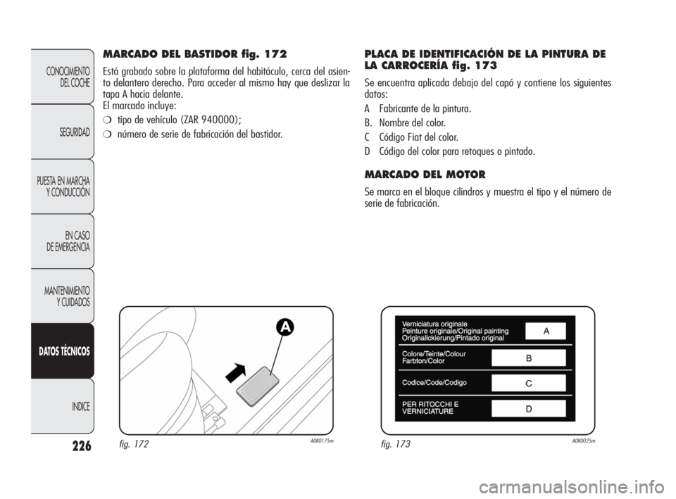 Alfa Romeo Giulietta 2010 Manual de Empleo y Cuidado (in Spanish) 226
CONOCIMIENTO
DEL COCHE
SEGURIDAD
PUESTA EN MARCHA
Y CONDUCCIÓN
EN CASO
DE EMERGENCIA
MANTENIMIENTO
Y CUIDADOS
DATOS TÉCNICOS
INDICE
MARCADO DEL BASTIDOR fig. 172
Está grabado sobre la plata Alfa Romeo Giulietta 2010 Manual de Empleo y Cuidado (in Spanish) 226
CONOCIMIENTO
DEL COCHE
SEGURIDAD
PUESTA EN MARCHA
Y CONDUCCIÓN
EN CASO
DE EMERGENCIA
MANTENIMIENTO
Y CUIDADOS
DATOS TÉCNICOS
INDICE
MARCADO DEL BASTIDOR fig. 172
Está grabado sobre la plata