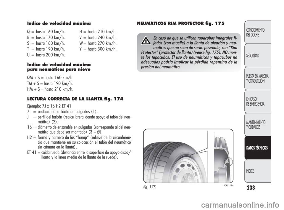 Alfa Romeo Giulietta 2010 Manual de Empleo y Cuidado (in Spanish) 233
CONOCIMIENTO
DEL COCHE
SEGURIDAD
PUESTA EN MARCHA
Y CONDUCCIÓN
EN CASO
DE EMERGENCIA
MANTENIMIENTO
Y CUIDADOS
DATOS TÉCNICOS
INDICE
Índice de velocidad máxima
Q = hasta 160 km/h.H = hasta Alfa Romeo Giulietta 2010 Manual de Empleo y Cuidado (in Spanish) 233
CONOCIMIENTO
DEL COCHE
SEGURIDAD
PUESTA EN MARCHA
Y CONDUCCIÓN
EN CASO
DE EMERGENCIA
MANTENIMIENTO
Y CUIDADOS
DATOS TÉCNICOS
INDICE
Índice de velocidad máxima
Q = hasta 160 km/h.H = hasta