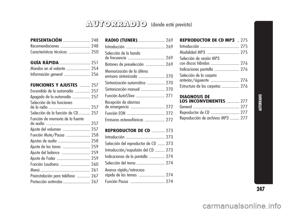 Alfa Romeo Giulietta 2010 Manual de Empleo y Cuidado (in Spanish) 247
AUTORRADIO
A A
U U
T T
O O
R R
R R
A A
D D
I I
O O
(donde esté prevista)
RADIO (TUNER).......................269
Introducción .................................269
Selección de la banda
de f Alfa Romeo Giulietta 2010 Manual de Empleo y Cuidado (in Spanish) 247
AUTORRADIO
A A
U U
T T
O O
R R
R R
A A
D D
I I
O O
(donde esté prevista)
RADIO (TUNER).......................269
Introducción .................................269
Selección de la banda
de f