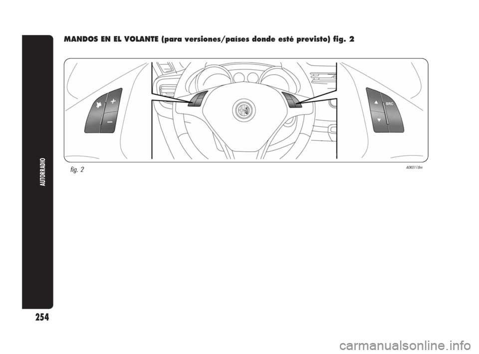 Alfa Romeo Giulietta 2010  Manual de Empleo y Cuidado (in Spanish) 254
AUTORRADIO
fig. 2A0K0118m
MANDOS EN EL VOLANTE (para versiones/países donde esté previsto) fig. 2
247-280 Alfa Giulietta E 3ed  13-04-2010  12:07  Pagina 254 