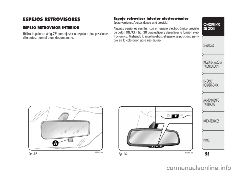 Alfa Romeo Giulietta 2010 Manual de Empleo y Cuidado (in Spanish) 55
CONOCIMIENTO
DEL COCHE
SEGURIDAD
PUESTA EN MARCHA
Y CONDUCCIÓN
EN CASO
DE EMERGENCIA
MANTENIMIENTO
Y CUIDADOS
DATOS TÉCNICOS
INDICE
fig. 29A0K0079m
ESPEJOS RETROVISORES
ESPEJO RETROVISOR INTERIOR Alfa Romeo Giulietta 2010 Manual de Empleo y Cuidado (in Spanish) 55
CONOCIMIENTO
DEL COCHE
SEGURIDAD
PUESTA EN MARCHA
Y CONDUCCIÓN
EN CASO
DE EMERGENCIA
MANTENIMIENTO
Y CUIDADOS
DATOS TÉCNICOS
INDICE
fig. 29A0K0079m
ESPEJOS RETROVISORES
ESPEJO RETROVISOR INTERIOR