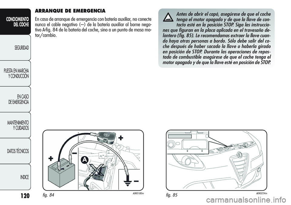 Alfa Romeo Giulietta 2011  Manual de Empleo y Cuidado (in Spanish) 120
CONOCIMIENTO
DEL COCHE
SEGURIDAD
PUESTA EN MARCHA
Y CONDUCCIÓN
EN CASO 
DE EMERGENCIA
MANTENIMIENTO
Y CUIDADOS
DATOS TÉCNICOS
INDICE
ARRANQUE DE EMERGENCIA 
En caso de arranque de emergencia con