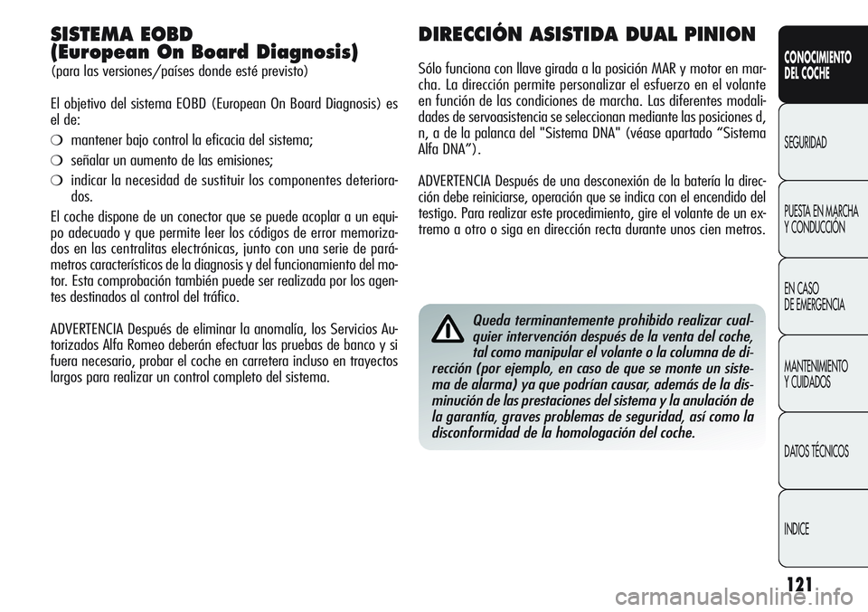 Alfa Romeo Giulietta 2012  Manual de Empleo y Cuidado (in Spanish) 121
CONOCIMIENTO
DEL COCHE
SEGURIDAD
PUESTA EN MARCHA 
Y CONDUCCIÓN
EN CASO 
DE EMERGENCIA
MANTENIMIENTO
Y CUIDADOS
DATOS TÉCNICOS
INDICE
SISTEMA EOBD
(European On Board Diagnosis)
(para las version