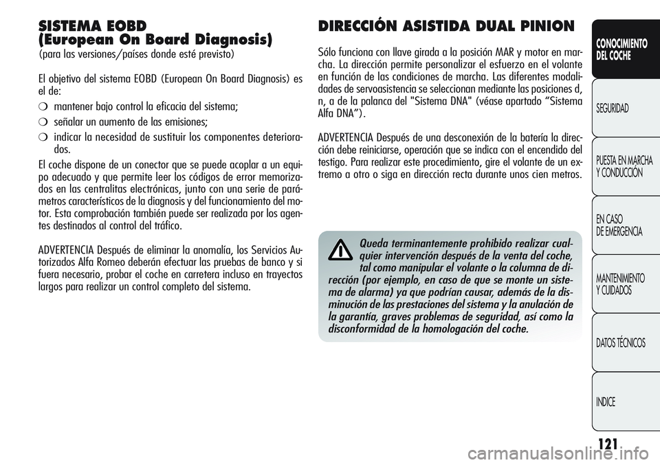 Alfa Romeo Giulietta 2011  Manual de Empleo y Cuidado (in Spanish) 121
CONOCIMIENTO
DEL COCHE
SEGURIDAD
PUESTA EN MARCHA 
Y CONDUCCIÓN
EN CASO 
DE EMERGENCIA
MANTENIMIENTO
Y CUIDADOS
DATOS TÉCNICOS
INDICE
SISTEMA EOBD
(European On Board Diagnosis)
(para las version