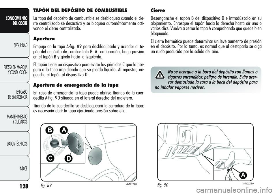 Alfa Romeo Giulietta 2011  Manual de Empleo y Cuidado (in Spanish) 128
CONOCIMIENTO
DEL COCHE
SEGURIDAD
PUESTA EN MARCHA
Y CONDUCCIÓN
EN CASO 
DE EMERGENCIA
MANTENIMIENTO
Y CUIDADOS
DATOS TÉCNICOS
INDICE
fig. 89A0K0115mfig. 90A0K0222m
TAPÓN DEL DEPÓSITO DE COMBUS