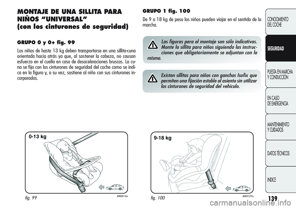Alfa Romeo Giulietta 2011 Manual de Empleo y Cuidado (in Spanish) 139
CONOCIMIENTO
DEL COCHE
SEGURIDAD
PUESTA EN MARCHA
Y CONDUCCIÓN
EN CASO
DE EMERGENCIA
MANTENIMIENTO
Y CUIDADOS
DATOS TÉCNICOS
INDICE
MONTAJE DE UNA SILLITA PARA
NIÑOS “UNIVERSAL”
(con los Alfa Romeo Giulietta 2011 Manual de Empleo y Cuidado (in Spanish) 139
CONOCIMIENTO
DEL COCHE
SEGURIDAD
PUESTA EN MARCHA
Y CONDUCCIÓN
EN CASO
DE EMERGENCIA
MANTENIMIENTO
Y CUIDADOS
DATOS TÉCNICOS
INDICE
MONTAJE DE UNA SILLITA PARA
NIÑOS “UNIVERSAL”
(con los