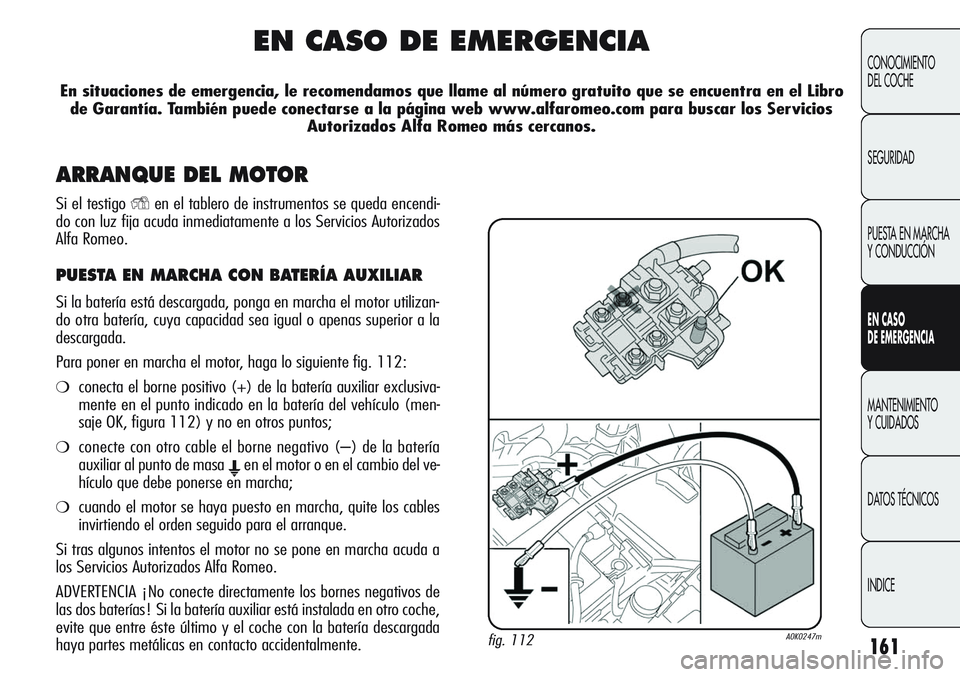 Alfa Romeo Giulietta 2011  Manual de Empleo y Cuidado (in Spanish) 161
CONOCIMIENTO
DEL COCHE
SEGURIDAD
PUESTA EN MARCHA 
Y CONDUCCIÓN
EN CASO 
DE EMERGENCIA
MANTENIMIENTO
Y CUIDADOS
DATOS TÉCNICOS
INDICE
EN CASO DE EMERGENCIA
En situaciones de emergencia, le recom