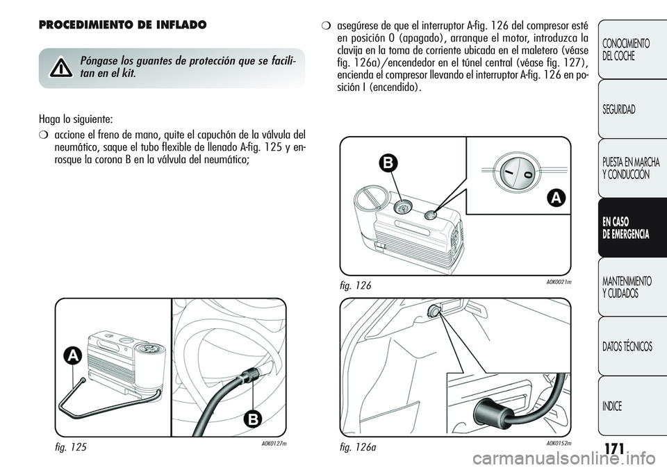 Alfa Romeo Giulietta 2011  Manual de Empleo y Cuidado (in Spanish) 171
CONOCIMIENTO
DEL COCHE
SEGURIDAD
PUESTA EN MARCHA 
Y CONDUCCIÓN
EN CASO 
DE EMERGENCIA
MANTENIMIENTO
Y CUIDADOS
DATOS TÉCNICOS
INDICE
PROCEDIMIENTO DE INFLADO
Póngase los guantes de protección